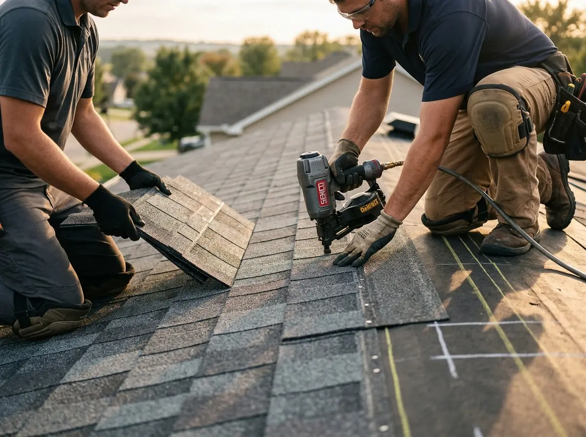 Professional roofer working on a residential roof in Sherrelwood